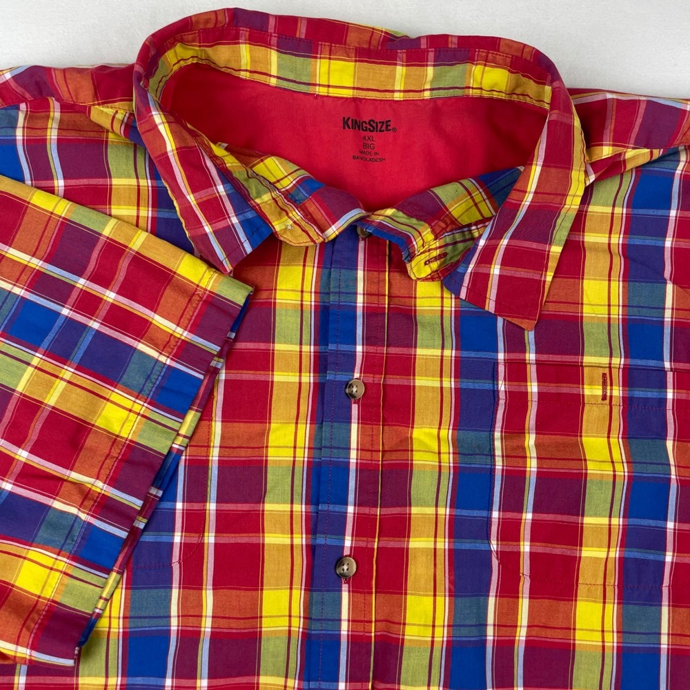 KingSize Mens 4XL Big Plaid Short Sleeve Button Down Shirt Red Yellow Blue 0031